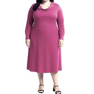PARI‎ PASSU Magenta Midi Dress Plus Size Cowl Neck Long Sleeve Elegant-Sz 18